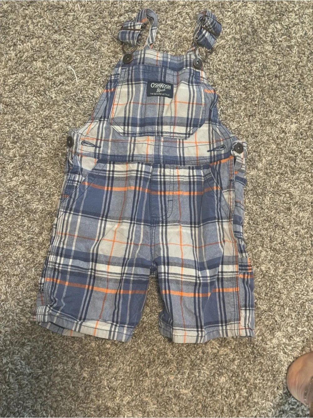 OshKosh B'gosh Blue Plaid Short Overalls with Orange Accents